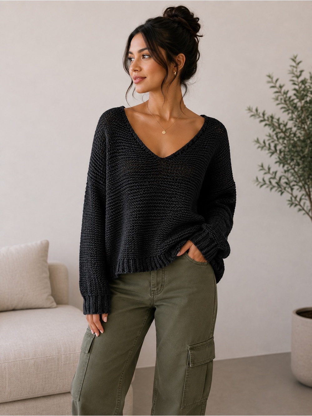 By Together Black V-Neck Knit Sweater